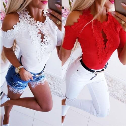 Lace Patchwork Off Shoulder Top Women Hollow Out White Office Ladies Shirts Femme Short Sleeve Elegant Clotnes Slim Pullovers