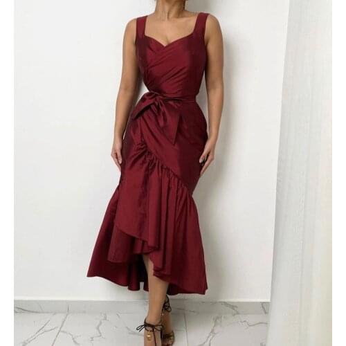 Vintage Long Taffeta Burgundy Mermaid Evening Dresses Ankle Length Zipper Back V-Neck Formal Party Gowns for Women