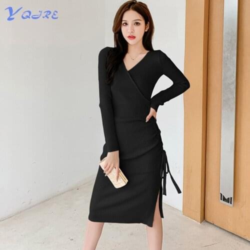 YQJRE Autumn New Products Office OL Womens Base Slim Sweater Long Sleeve V-neck Drawstring Mid-length Knit Dress