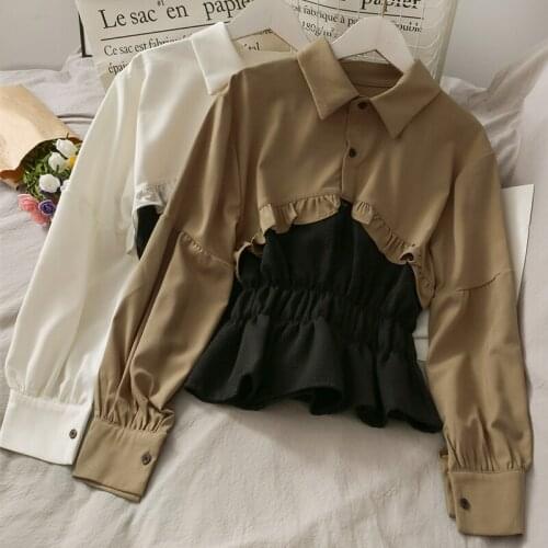 2021 Autumn Womens Korean Fashion French Color Matching Waist T-shirt Shirt Commuter Lapel Slim Slimming Long-sleeved Top