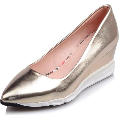 New Spring And Autumn Womens Shoes 2019 Metal Color Pointed Wedges Single Womens Thick Platform Shallow Mouth Casual Shoes