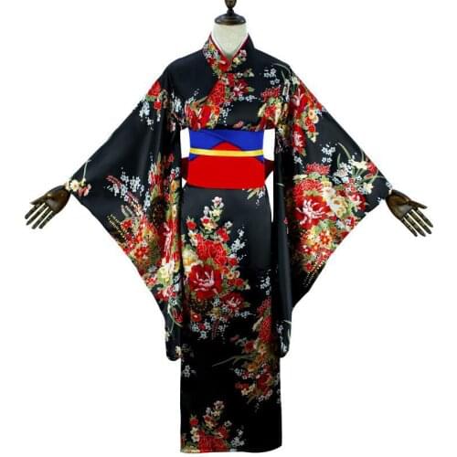 Bat Sleeve Women Dress Print Flower Kimono Yukata Robe Gown With Obi Classic Anime Geisha Cosplay Costumes Oversize Lolita Gowns
