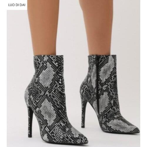 2020 fashion point toe ankle boots snakeskin leather boots women runway booties dress shoes patent leather booties 10cm heel