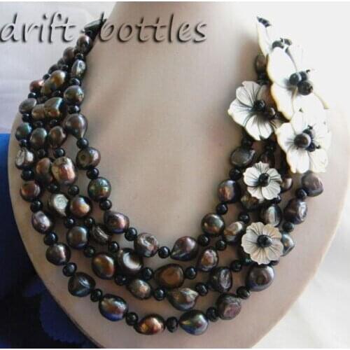 4Srands 18'' 12mm Black Baroque Round Freshwater Pearl Shell Flower Necklace Free shipping