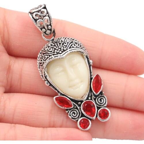 55x22mm Special Long Heavy 14.9g Goddess White Face, Created Red Blood Ruby Gift Silver Pendant