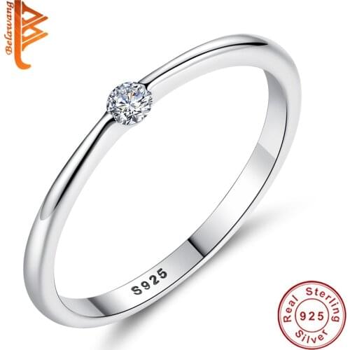 BELAWANG Classical Genuine 925 Sterling Silver Round Geometric Rings Sparking CZ Finger Rings for Women Silver Jewelry Gift