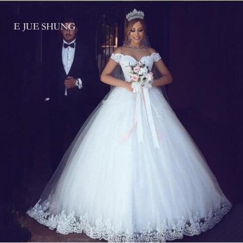 E JUE SHUNG White Lace Appliques Off the Shoulder Wedding Dresses Princess Bride Dresses Wedding Gowns robe de mariee