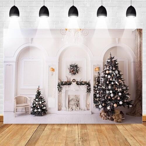 Mehofoto Photography Backdrop for Family Christmas Party Christmas Tree White Wall Bear Background Supplies Prop Photocall