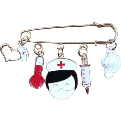 KC Gold Plated Cute Brooch Mask Nurse Cap Medical Needle Syringe Thermometer Stethoscope Oil Drop Women Men Gift BK120-127
