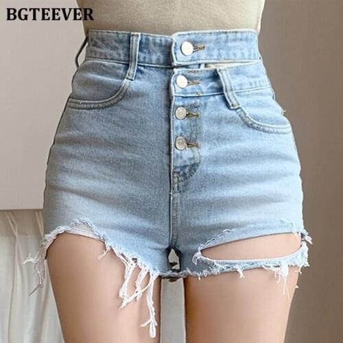 BGTEEVER Fashion Chic Button High Waist Female Blue Jeans Shorts Summer Ladies Ripped Holes Shorts Women Skinny Deinim Shorts