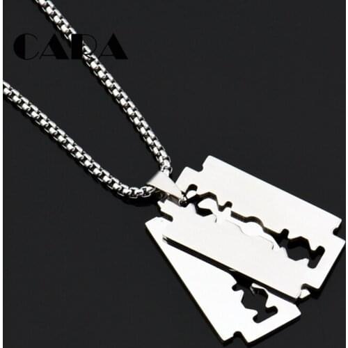 2019 New well polished 316L stainless steel mens stylish jewelry necklace 2pcs shaving blade pendant with 27.5" chain CAGF0308