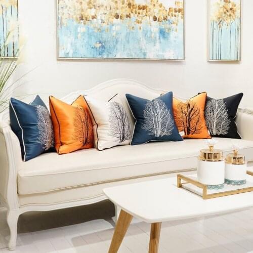 Embroidery Cushion Covers Trees Pattern Home Decorative Pillow Cases Blue Orange Black Throw Pillows 45 X 45 50 X 50cm