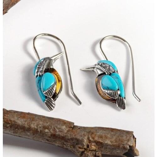 Wholesale Vintage Natural Style Blue Turquoises Bird Women Earrings Cute Animal Shaped Earring Party Accessories Jewelry Gifts