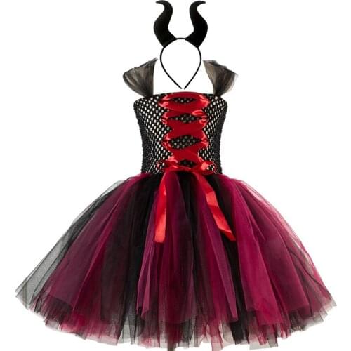 Girl Princess Halloween Witch Tutu Dress Queen Cosplay Kids Dress for Girls Birthday Party Costume with Headband Halloween Dress