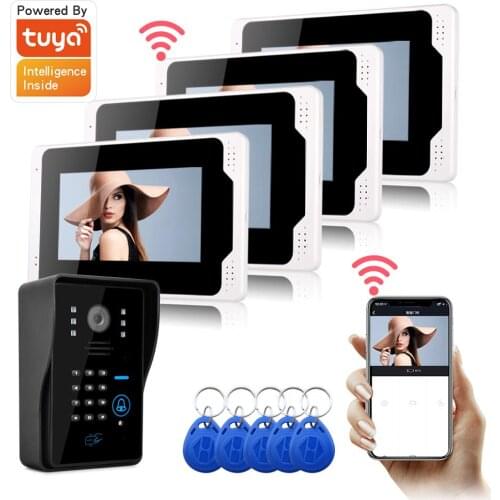 Tuya APP Control 4 Apartment Door Intercom 7 Inch LCD Wifi Wireless Video Intercom Doorbell Fingerprint RFID Password Camera Kit