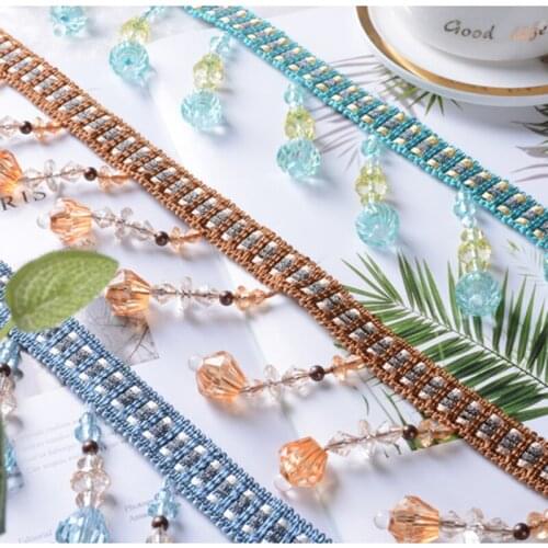 QGVLish 12M/lot Crystal Beads Curtain Lace Trims DIY Sewing Sofa Stage Valance Decor Curtain Accessories Lace Ribbon Belts Trim