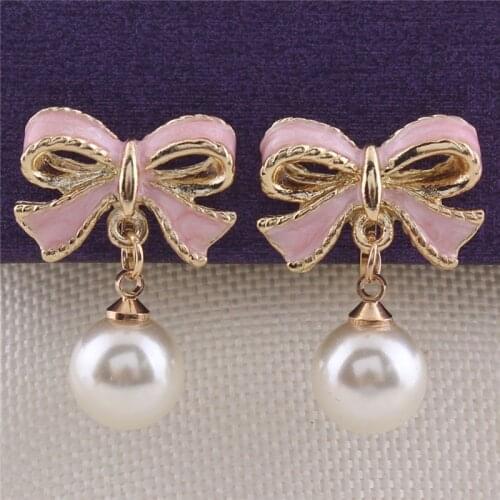 Grace Jun New Design Enamel Bowknot Shape Clip on Earrings Without Piercing for Girls Simulated Pearl No Hole Ear Clip