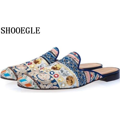SHOOEGLE Men Bohemia Style Canvas Hand-Embroidered Shoes Slip-on Mules Ethnic Slippers Men Casual Slipper Shoes Free Shipping