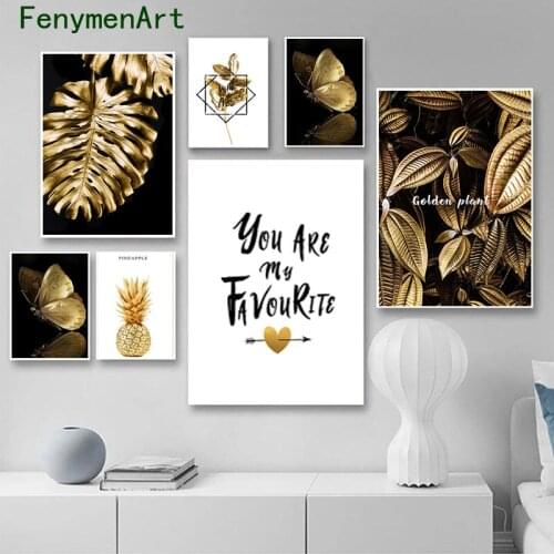 Nordic Golden Abstract Leaf Flower Wall Art Canvas Painting Quote Pineapple Butterfly Poster Print Picture Living Room Decor