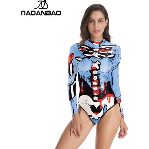 NADANBAO 2020 Halloween Skull Print One Piece Swimsuit Long Sleeve Swimwear Sport Bathing Suit