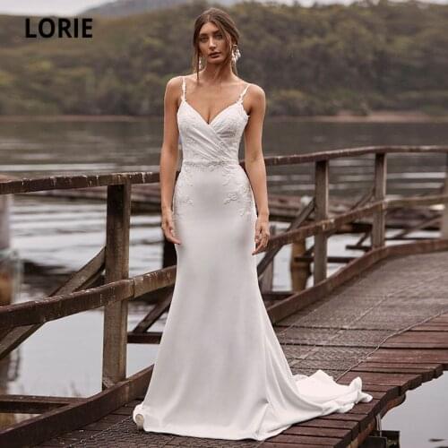 LORIE Boho Wedding Dresses V Neck Appliques Lace Spaghetti Strap Wedding Gown Backless Soft Satin Mermaid Bridal Dress 2021