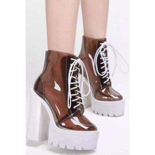 Moraima Snc Transparent PVC High Heel Shoes Woman Round Toe Platform Thick Heels Ankle Boots Punk Style Lace-up Riding Boots