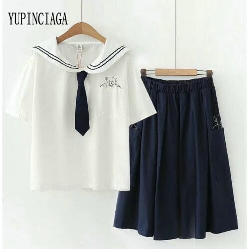 YUPINCIAGA Women College Style Short Sleeve Two-piece Sets Top And Skirts Sailor Collar Tie T Shirt Embroidery Pockets Skirts