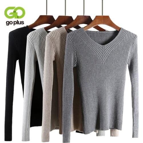GOPLUS Warm Thick Pullover Women Basic Sweaters 2021 Autumn Winter Vintage Long Sleeve Sweater V-Neck Solid Knitted Sweater Tops