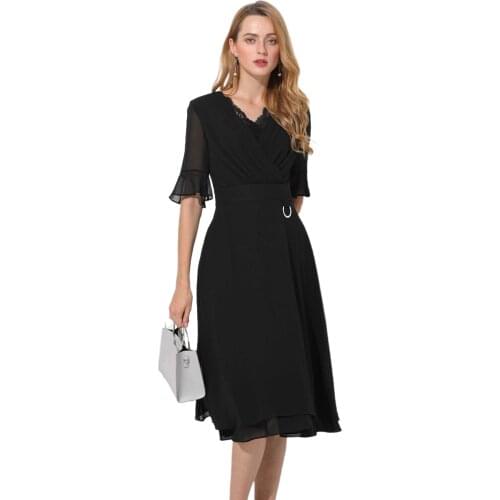 Womens Black Elastic Fitted V-neck Ruffle Sleeve Over-the-knee Dress Work Business Cocktail Show Waist Slim Dresses