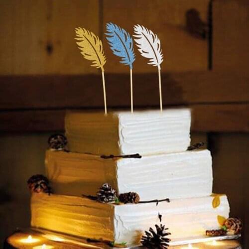 1Lot Glitter Feather Cupcake Toppers DIY Cakes Topper Picks Gold Blue Topper Wedding/Birthday Party Decoration Baby Shower