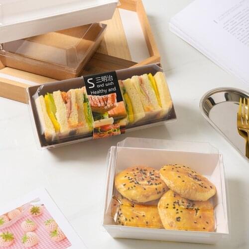 10pcs Rectangular Kraft Paper Box Snack Bakery Kraft Paper Box Square With Plastic Clear Lids Sandwich Wrapping Boxes