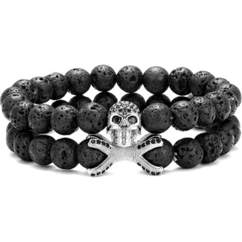 2pcs/lot 8mm skull crown gold silver copper cz zircon cubic zirconia beads bohemian Bracelet agate Onyx Stone Bangles ddf