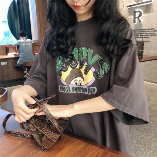2021 Summer Vintage Fun Printing Inositol Female Round Neck Short-Sleeved T-Shirt Harajuku Style Ulzzang Korean Loose Clothes