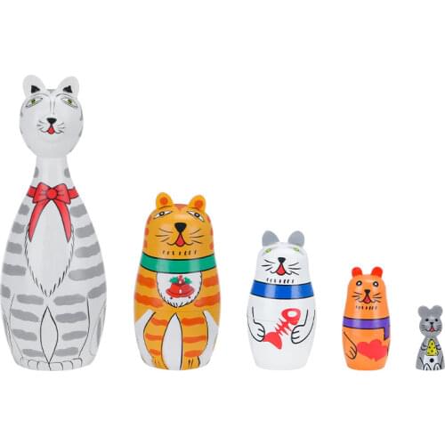 5 Layers Matryoshka Wood Russian Nesting Doll Cartoon Animals Cat Mouse Baby Toys for Kids Puzzle Birthday Gifts Home Decoration