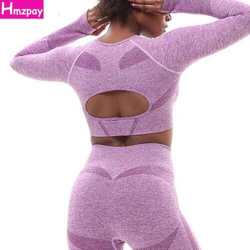 Seamless Yoga Set 2-Piece Sports High Waist Leggings Fitness Long Sleeve Tops Workout Running Yoga Sportswear