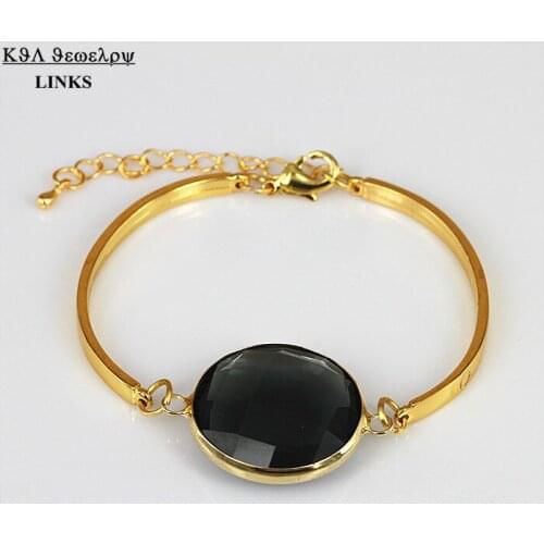 Black Bezel Faceted Quartz Stone Bangle Crystal Gem Glass Stone Round Beads Gold Chain Bracelets for Women Statement Jewelry