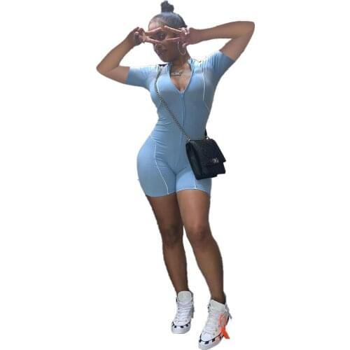 Women Sexy Jumpsuit Short Sportswear Zipper Short Sleeve Slinky Outdoor Leisure Rompers