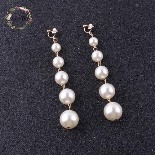 JIOFREE new design Trendy long Big Simulated Pearl Clip on Earrings Pearls String Statement Earrings For Wedding Party Gift