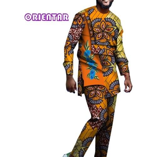 2 Pieces Set for Men African Clothes African Suits Set African Print Dashiki Shirt with Appliques Men African Pants Set WYN1214