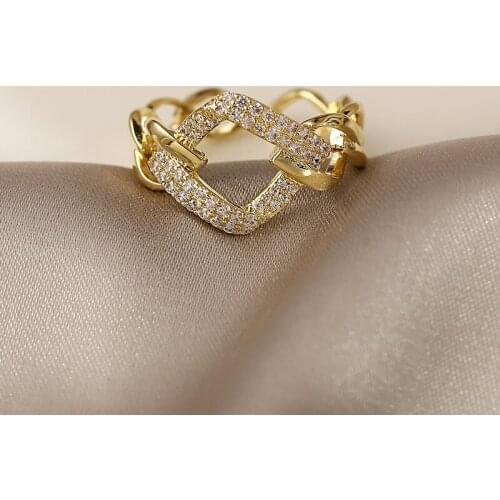 Korean Fashion Luxury Metal Shining Rhinestone Finger Rings Adjustable Open Rings for Women Geometric Gold Color Party Jewelry