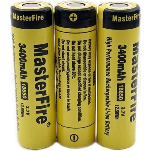 MasterFire 18pcs/lot Original 18650 3400mAh 3.7V 12.58Wh High Performance Rechargeable Lithium Battery Cell For Torch Batteries