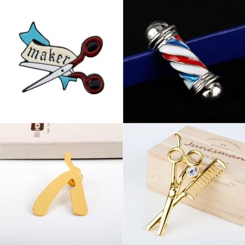 Fashion Barber Shop Barber Pole Metal Pins Brooches Razor Blade Hairdresser Tool Scissors Combs Crystal Lapel Pin For Women Men