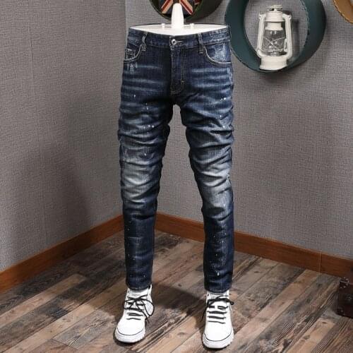 Brand Style 2021 Men Jeans Vintage Designer Dark Blue Slim Fit Ripped Denim Pants Streetwear High Quality Hip Hop Trousers