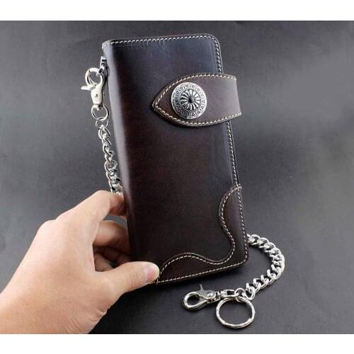 Genuine Leather Mens Biker Rock Punk Gothic Wallet Purse W/ Key Chain Brown