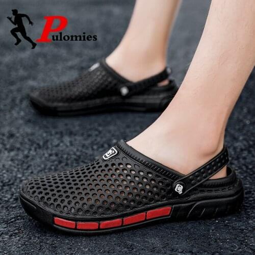PULOMIES Summer Men Slippers Massage Clogs Outdoor Garden Shoes Men Pool Sandals Bathroom Cross-tied Slides Mules Beach Slippers