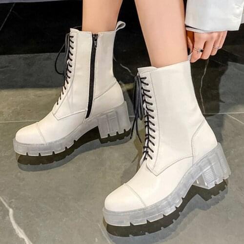Autumn Women Ankle Boots Transparent White Soft Leather Motorcycle Boots Female Autumn Summer Ladies Military Shoes Botas Mujer