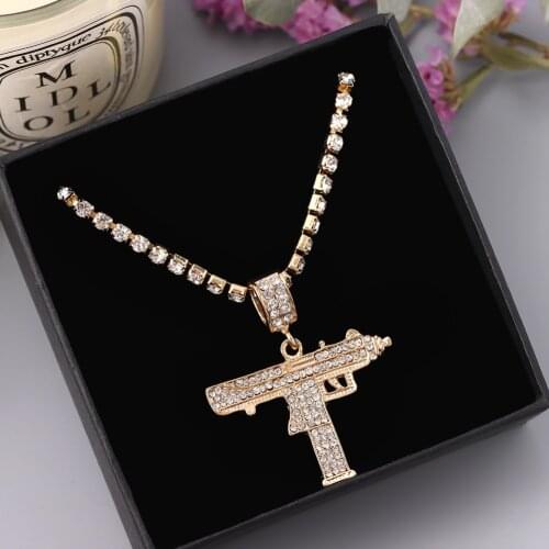 Hip Hop Uzi Gun Shape Pendent Crystal Necklaces for Women Men Gold Silver Color Bling Big Devil Rhinestone Necklace Jewelry Gift