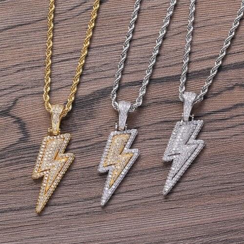 Hip Hop AAA Cubic Zirconia Paved Bling Iced Out Two Tone Lightning Pendants Necklace for Women Men Rapper Jewelry Drop Shipping
