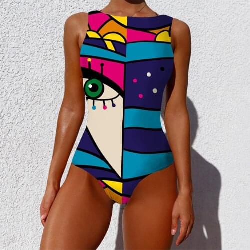 Sexy Women Swimwear Graffiti Abstract Print 2021 One Piece Swimsuit Brazilian Bathing Suit Bodysuit Beach Wear Backless Monokini