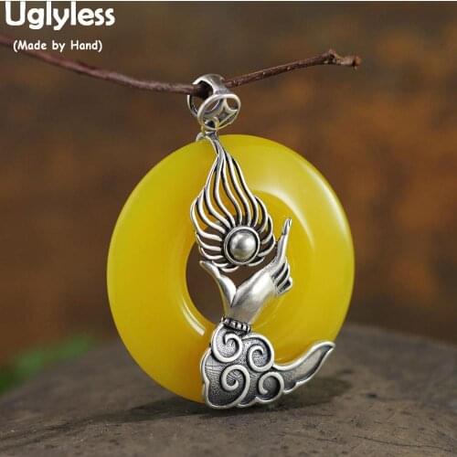 Uglyless Big Size Chalcedony Button Pendants for Women Thai Silver Buddha Hand Prayer Bead Necklaces NO Chains 925 Silver P838